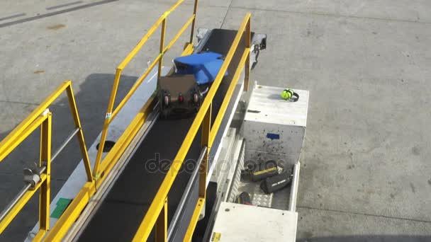 Malaga, İspanya - 31 Ocak 2017: Lugging Bagaj Konveyör bant içine yolcu uçağı üzerinde. — Stok video