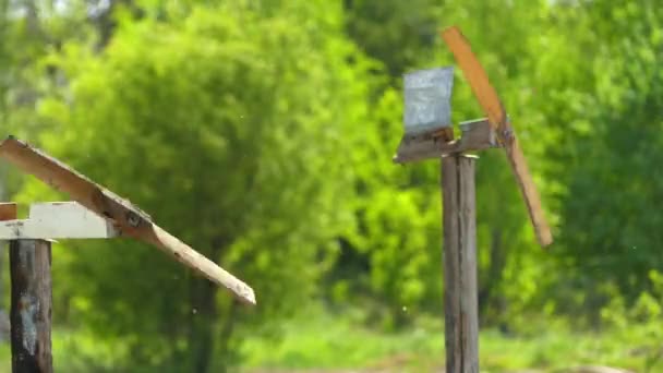 Houten zelfgemaakte weathervane draait kronkelende bladen op een agrarisch bedrijf. — Stockvideo