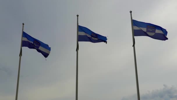 Flagga av Jurmala som fladdrar i vinden mot himlen. Jurmala är stad i Lettland, omkring 25 kilometer väster om Riga. Jurmala är semesterort som sträcker sig 32 km, mellan Rigabukten och Lielupe River. — Stockvideo