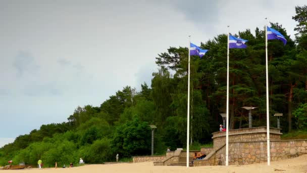 Bandera de Jurmala ondeando en viento contra el cielo. Jurmala es una ciudad de Letonia, a unos 25 kilómetros al oeste de Riga. Jurmala es ciudad turística que se extiende 32 km, entre el Golfo de Riga y el río Lielupe . — Vídeo de stock