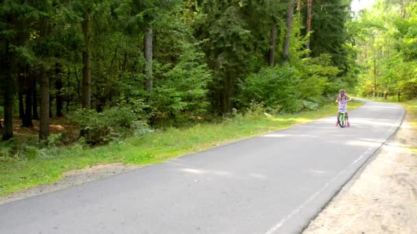 Menina bonita está andando de bicicleta ao longo de caminhos de asfalto na floresta de verão . — Vídeo de Stock