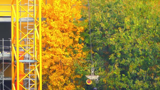Carrinho de mão é suspenso no guindaste contra fundo de folhagem de outono amarelo — Vídeo de Stock