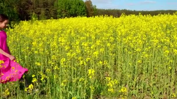 Pequena menina bonita está andando ao longo do campo de colza amarelo . — Vídeo de Stock