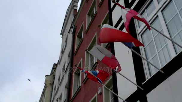 Banderas nacionales de Gran Bretaña, Polonia, Francia y Canadá en la fachada del edificio en la ciudad pequeña — Vídeo de stock