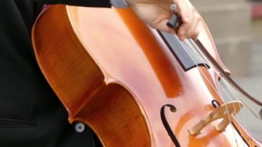 Müzisyen kostüm çello yakın çekim çalış. Çello veya viyolonsel eğdi ve bazen koparıp, yaylı çalgılar içinde mükemmel beşte ayarlı dört teli ile