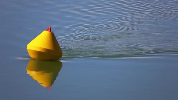 Yellow buoy swims in rapid current. — Stock Video