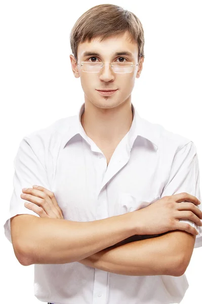 Beyaz Arka Planda Gözlüklü Beyaz Gömlekli Genç Bir Adam — Stok fotoğraf