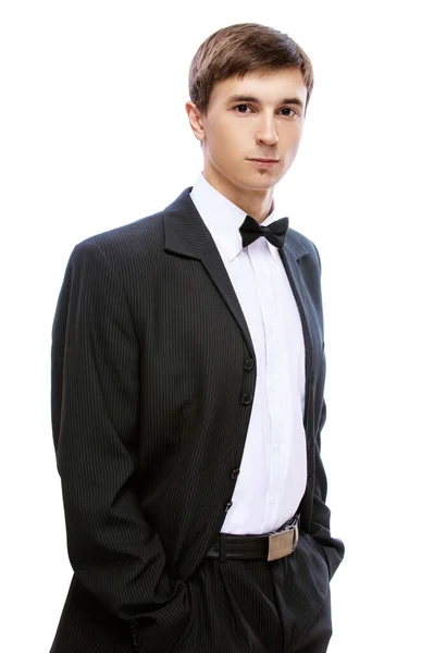 Młody Mężczyzna Czarnym Garniturze Białej Koszuli Krawacie Motyl Białym Tle — Zdjęcie stockowe