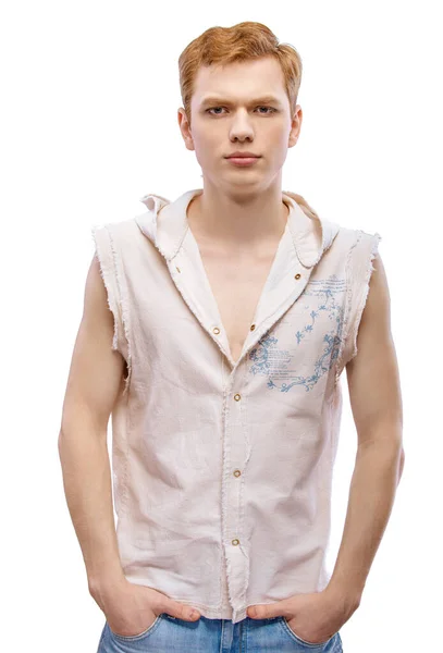 Portret Van Een Jonge Man Met Blond Haar Geïsoleerd Witte — Stockfoto