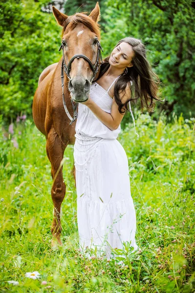 Woman White Dress Keeps Brown Horse Background Summer Green Park Stock Picture