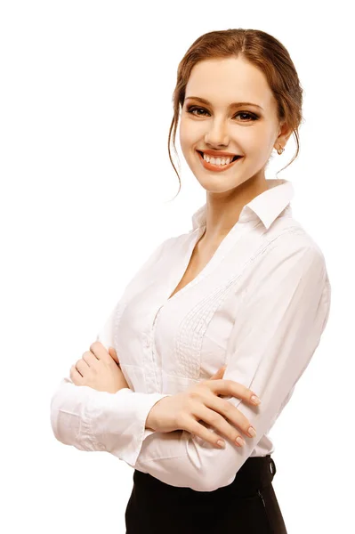 Νεαρή Όμορφη Επιχειρηματίας Μια Λευκή Μπλούζα Και Γυαλιά Που Απομονώνονται — Φωτογραφία Αρχείου