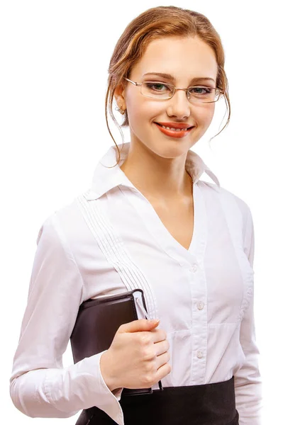 Joven Mujer Hermosa Hombre Negocios Vestido Blanco Gafas Con Cuaderno — Foto de Stock