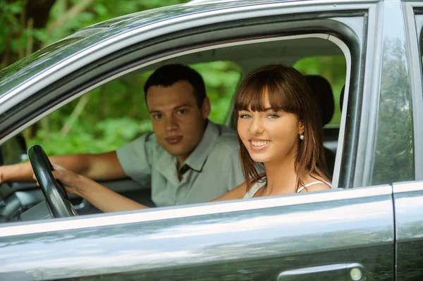 Young Handsome Man Woman Sitting Car Background Summer Green Park — Stock Photo, Image