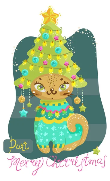 クリスマス カード クリスマス ツリー帽子の中の猫 — ストックベクタ