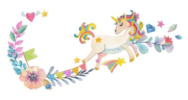 Sihirli unicorn ve çiçekler ile şirin suluboya tasarımı