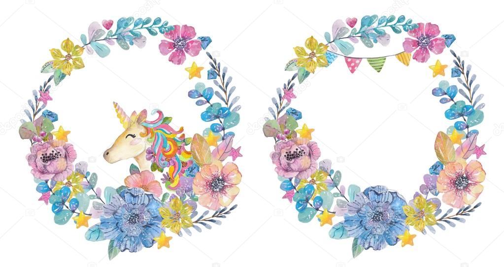 Cute watercolor wreaths with magic unicorn and flowers