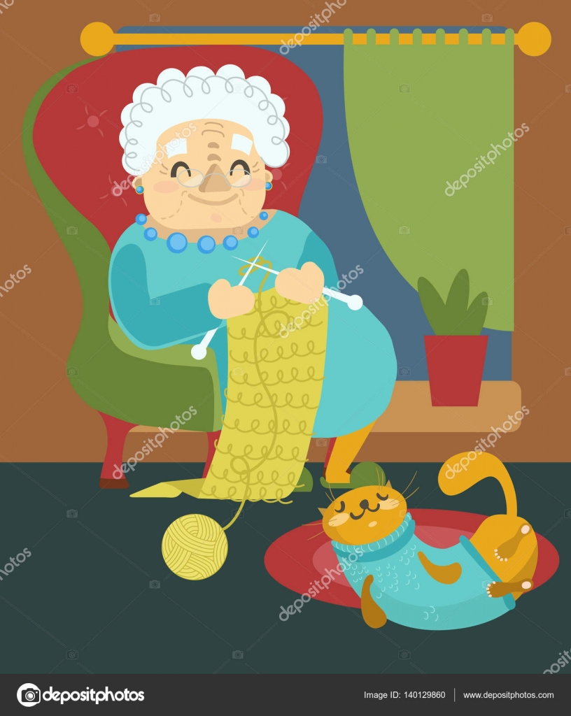 Grandmother knitting and cat — Stock Vector © Vasilek #140129860
