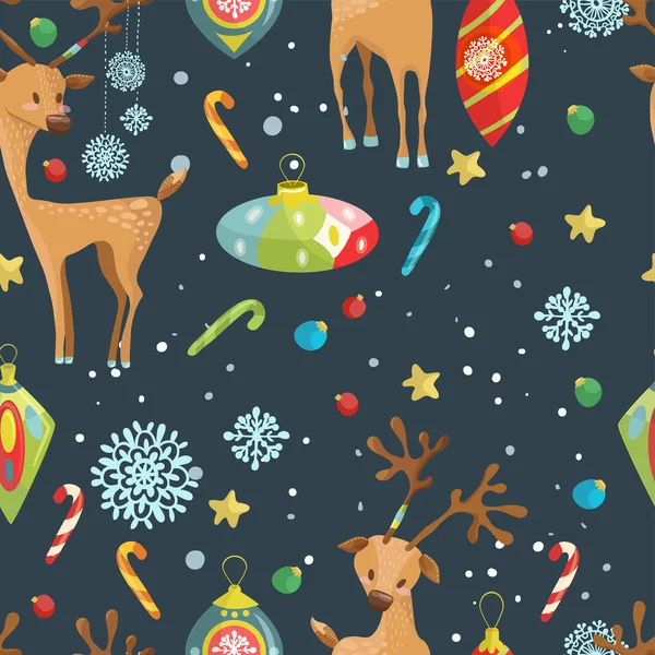 Christmas holiday seamless pattern with reindeer, snowflakes and — Stock Vector