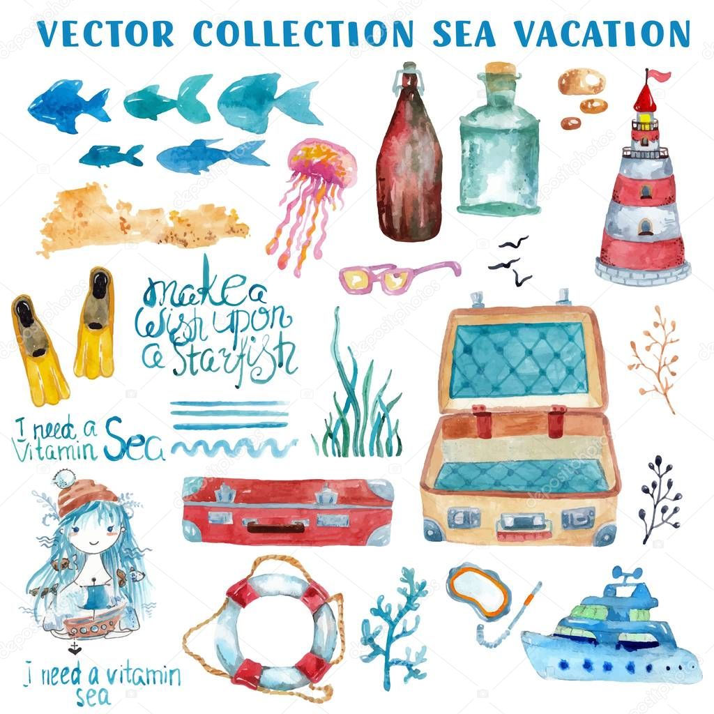 Watercolor nautical elements collection
