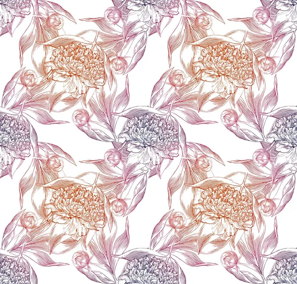 Ink hand drawn illustrations of ornate peonies, pattern