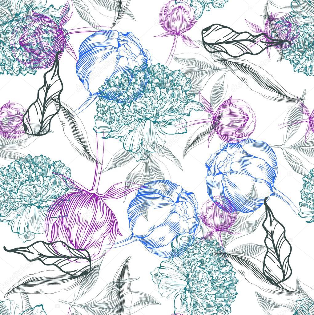 Ink hand drawn illustrations of ornate peonies, pattern