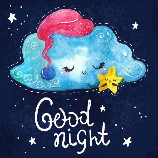 Dessin animé scène de nuit avec nuage mignon et étoile — Photo
