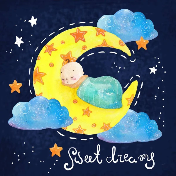Escena nocturna de dibujos animados con linda nube y estrella — Foto de Stock