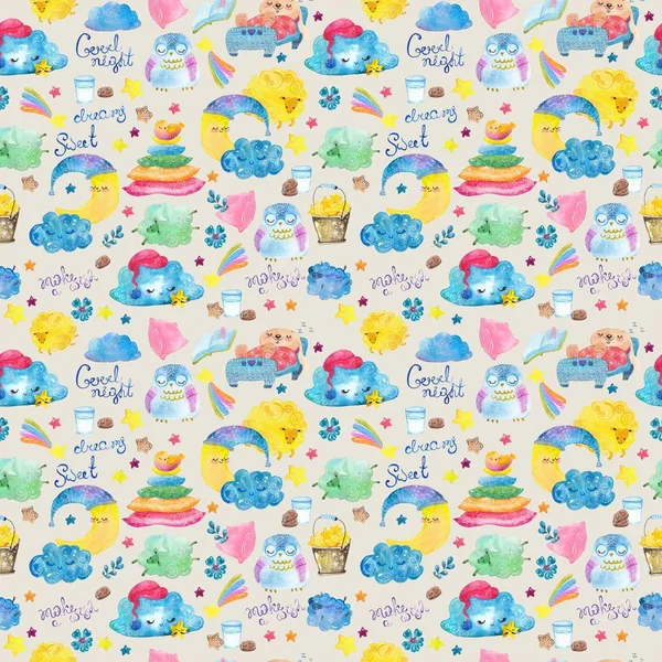 Cartoon night scene with cute cloud and star, seamless pattern — Stock Photo, Image