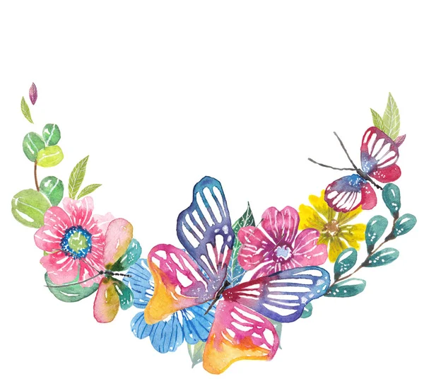 Watercolor beautiful floral design with butterflies — Stock Photo, Image