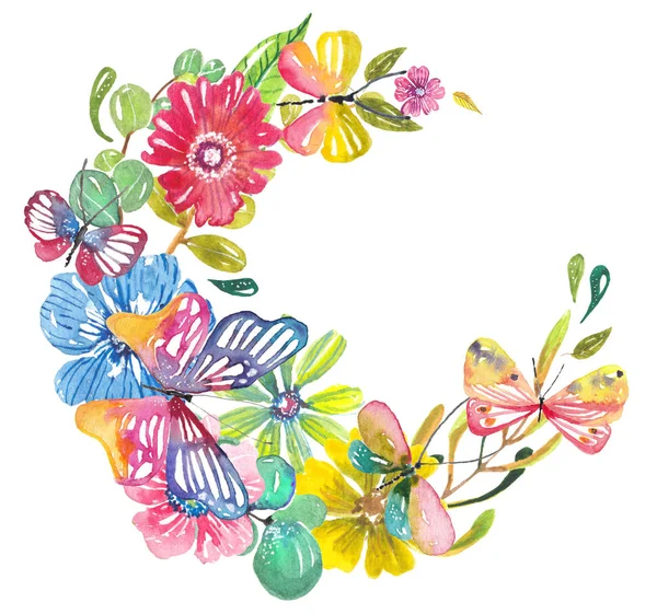 Акварель красивый цветочный дизайн с бабочками — стоковое фото