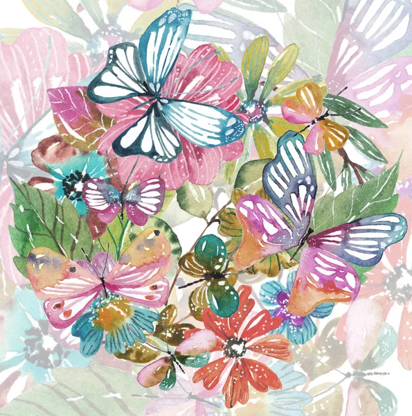 蝶と水彩画の美しい花柄のデザイン — ストック写真