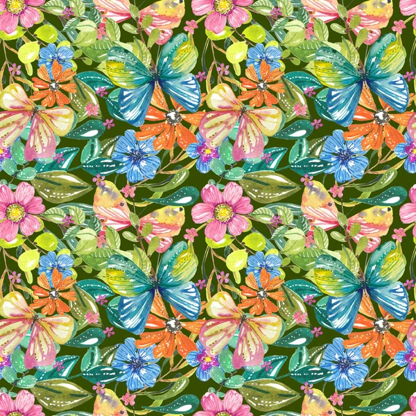 Ακουαρέλα όμορφη floral σχέδιο με πεταλούδες, άνευ ραφής pat — Φωτογραφία Αρχείου