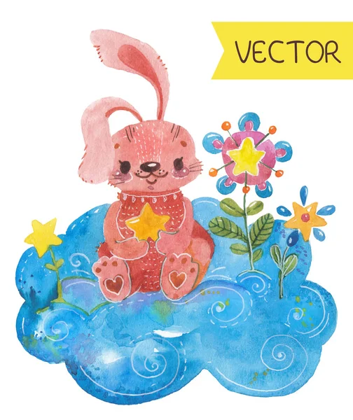 Cartoon night scene with cute rabbit — Stock Vector