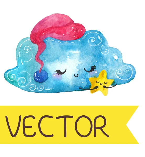 Rajzfilm éjszaka táj-val, hogy aranyos felhő és a csillag — Stock Vector