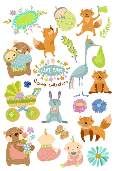 Słodkie dziecko kreskówki kolekcja ze zwierzętami — Wektor stockowy
