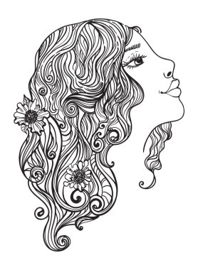 Onun saç çizimde çiçekli güzel kadın