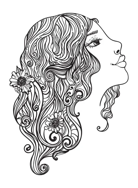 Onun saç çizimde çiçekli güzel kadın