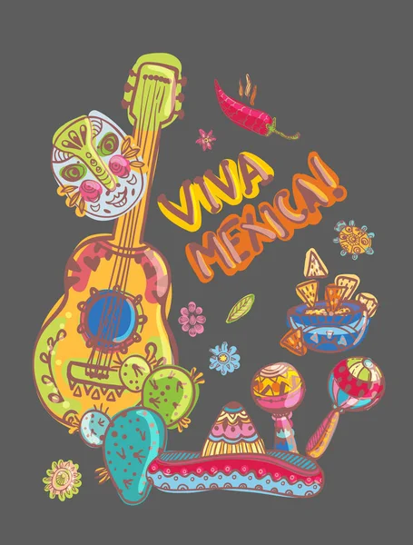 Mexico illustraties gitaar, nachos en masker — Stockvector