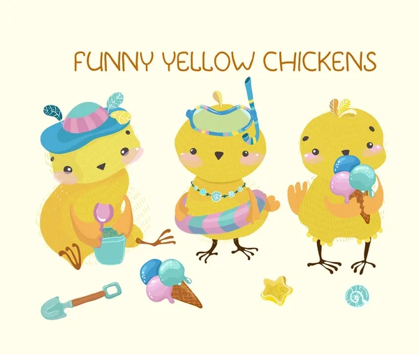 Happy Cute Baby Kuřata Vtipné Kreslené Postavy — Stockový vektor