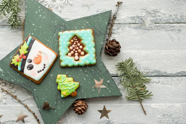 Гарний Фон Імбирним Печивом Сучасна Їжа Натюрморт Різдвяна Листівка Сільський — стокове фото