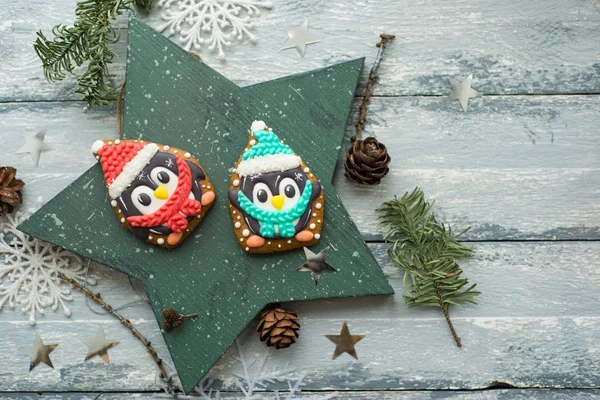 Mooie Achtergrond Met Gingerbread Koekjes Moderne Voedsel Stilleven Vakantie Kerstkaart — Stockfoto