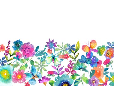Watercolor color flowers, leaves and butterfly clipart