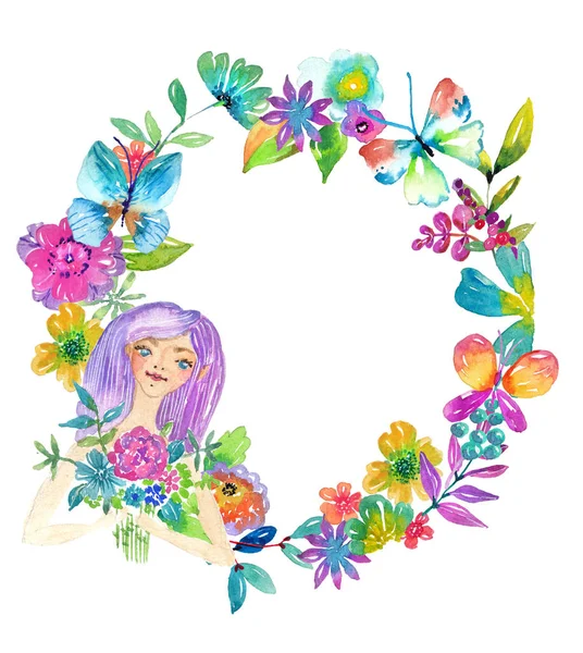 Sulu boya renk çiçekler, yapraklar ve kelebek — Stok fotoğraf