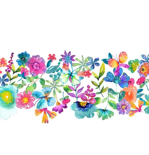 Sulu boya renk çiçekler, yapraklar ve kelebek — Stok fotoğraf