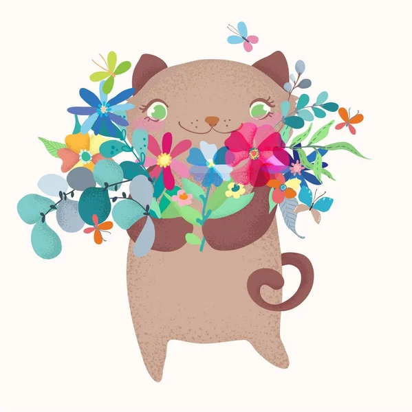 Personagem de gato de desenho animado bonito e engraçado com buquê floral —  Vetores de Stock