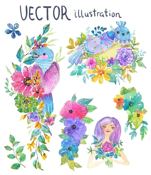 Acuarela flores, hojas y mariposa — Vector de stock