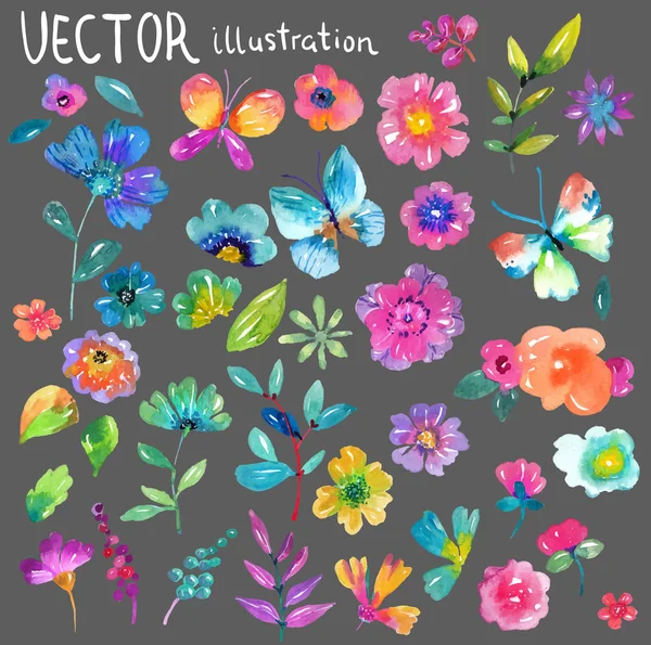 Colección floral colorida con flores, hojas y bayas — Vector de stock