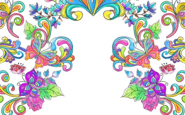 Акварельні кольорові квіти та рама метеликів — стокове фото