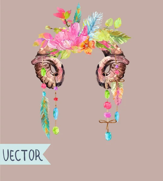 Acuarela hermoso diseño floral con cuernos — Vector de stock