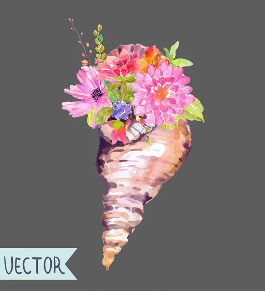 Acuarela hermoso diseño floral con concha marina — Vector de stock